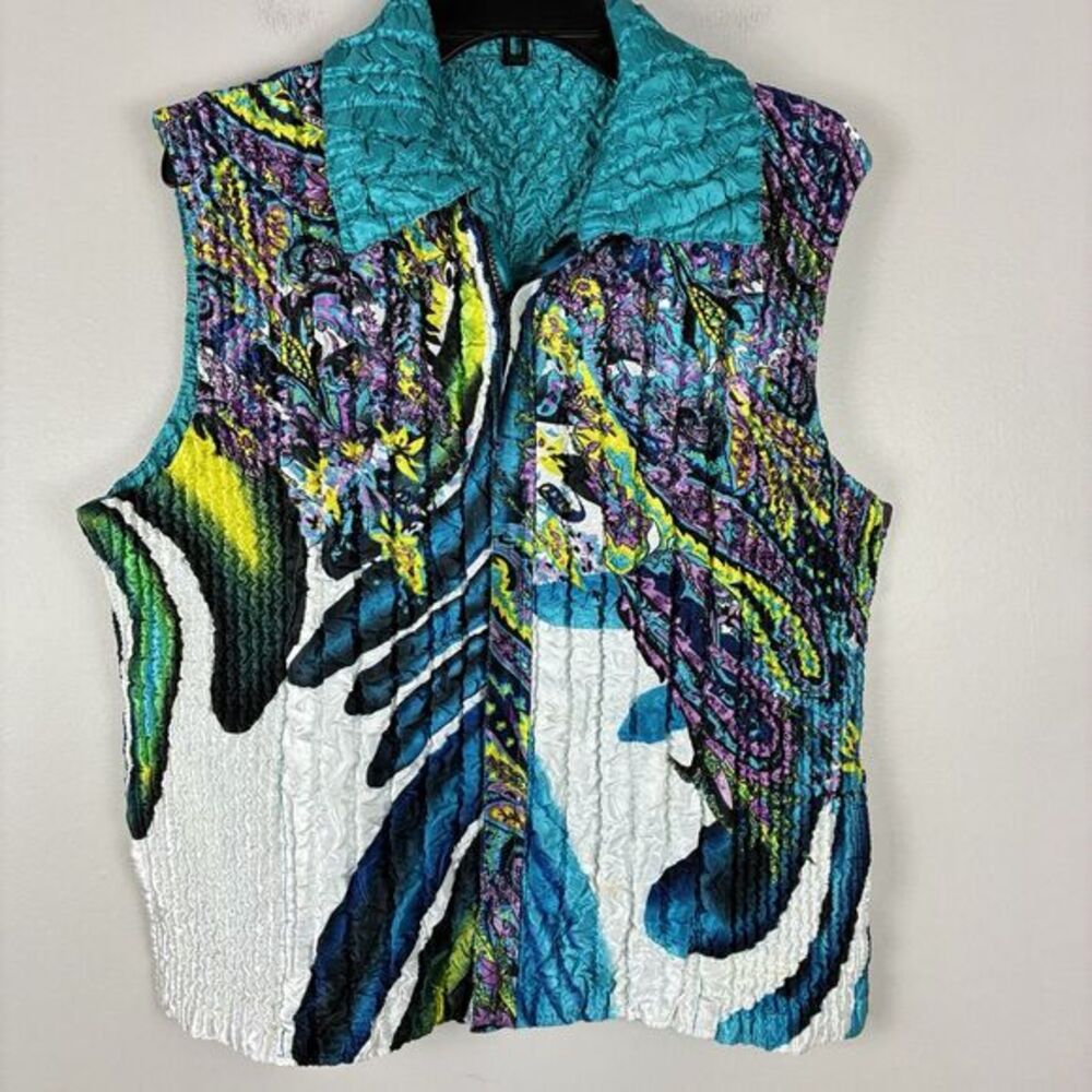 Vintage Crinkle‎ Vest 90s Abstract Colorful Reversible Sz M / L Stretch Funky